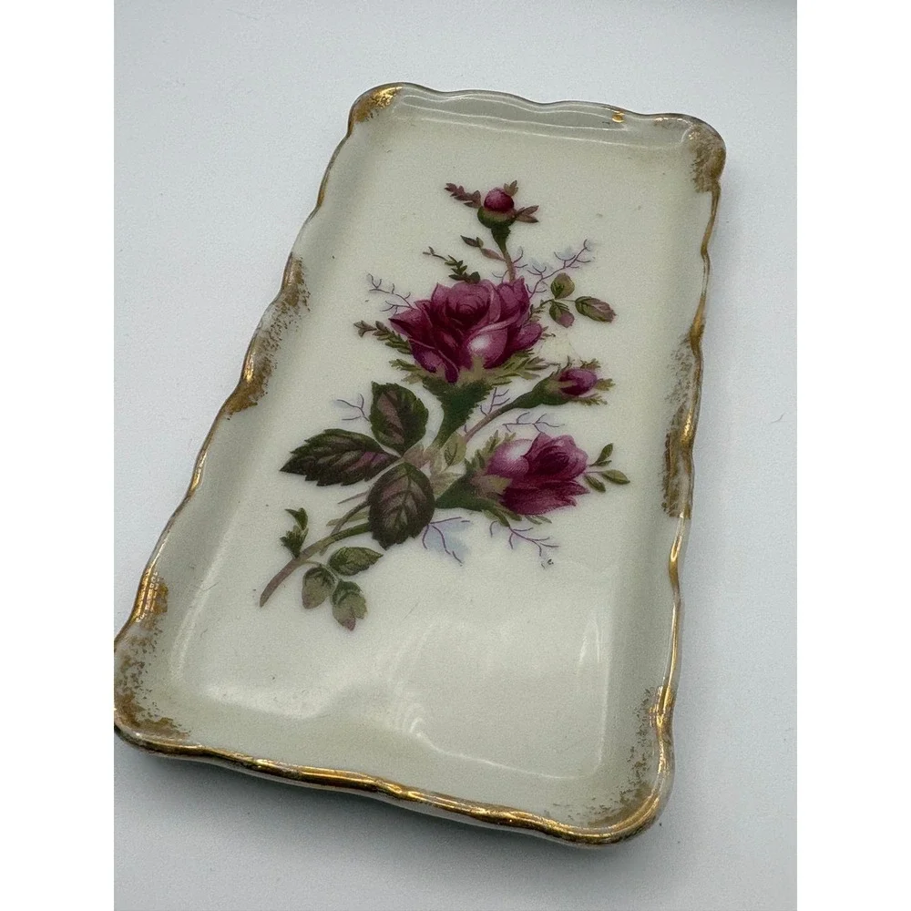 Vintage Porcelain Trinket Dish Rose Floral Gold Trim Rectangular Vanity Decor